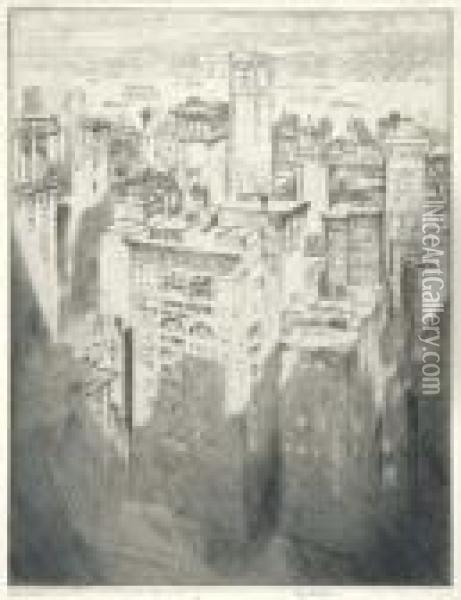 Among The Skyscrapers (w. 494) Oil Painting - Joseph Pennell