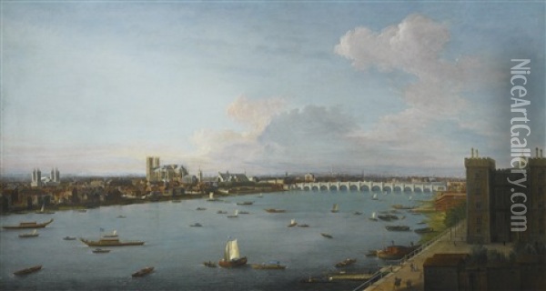 London, A View Of The City Of Westminster Over The River Thames From Lambeth Oil Painting - Antonio Joli
