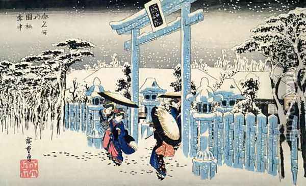 Snow at night young women leave a temple in heavy falling snow from the series 53 Stations of the Tokaido Oil Painting - Utagawa or Ando Hiroshige