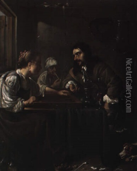 A Man And A Woman Playing Backgammon; A Woman Smoking Behind Oil Painting - Jacob Duck