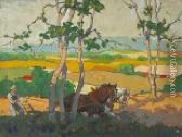 Plowing The Fields Oil Painting - Charles Herbert Woodbury