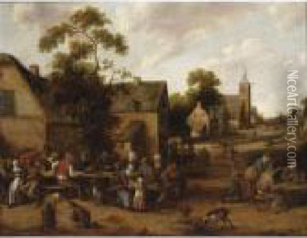 A Village Scene With Peasants 
Drinking And Smoking Around Tables, Other Figures Conversing In The 
Background, A Church Beyond Oil Painting - Joost Cornelisz. Droochsloot