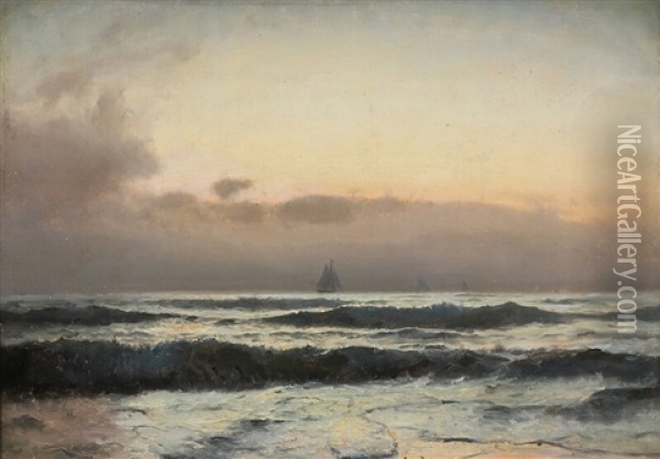 The Last Sunlight Behind Dark Clouds Over The Sea Oil Painting - Carl Johann Neumann