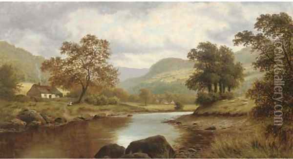 Sheep and cottages beside a river Oil Painting - Thomas Spinks