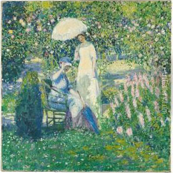 Two Ladies In A Garden Oil Painting - Frederick Carl Frieseke