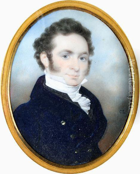 A Portrait Miniature Of A Gentleman Wearing Navy Blue Jacket And White Lace Stock Oil Painting - Charles Linsell