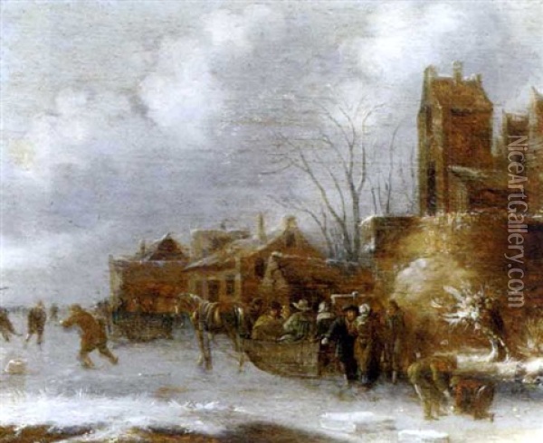 A Winter Landscape With Figures On A Frozen Canal Oil Painting - Nicolaes Molenaer