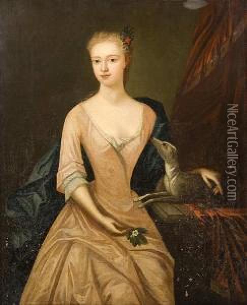 Portrait Of A Lady, Seated With A
 Dog, Wearingpink Dress And Sprig Of Flowers In Her Hair Oil Painting - Enoch Seeman