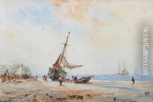 Figures And Fishing Boats On The Shore Oil Painting - George Weatherill