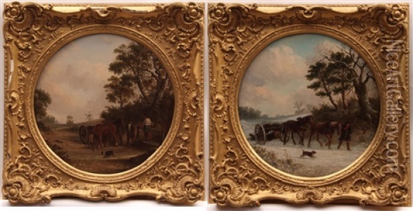 Winter Landscape With Horse-drawn Log Cart, Figure And Dog (2) Oil Painting - Thomas Smythe