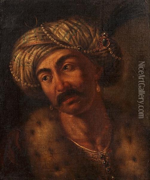 Portrait Of A Man, Head And Shoulders, In Turkish Costume Oil Painting - Gaetano Lapis