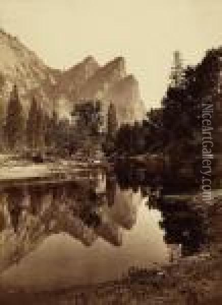 Three Brothers, Yosemite Oil Painting - Carleton E. Watkins