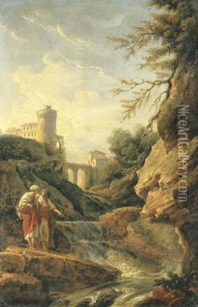 Two Female Peasants By A Waterfall, A Town And Aqueduct Beyond Oil Painting - Claude-joseph Vernet