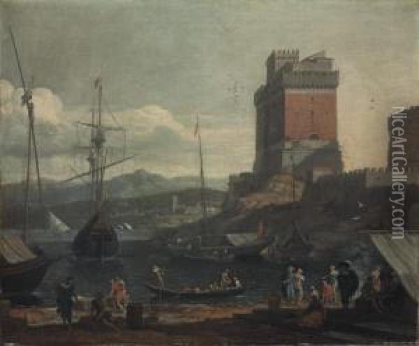 View Of A Fortified Mediterranean Harbour Oil Painting - Adriaen Van Der Kabel