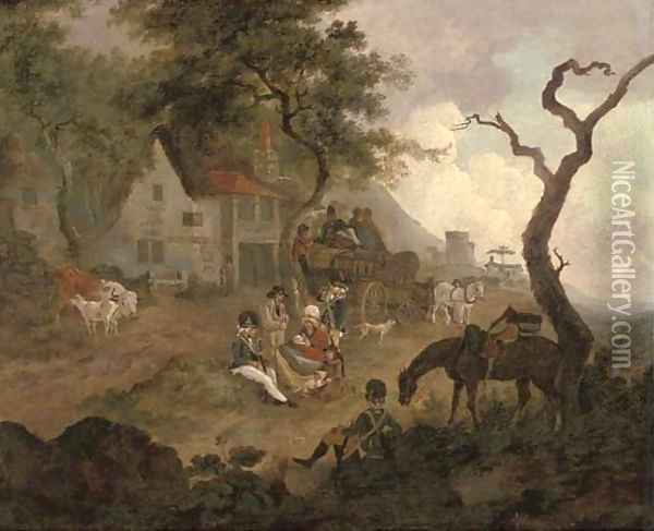 Soldiers and travellers before an Inn Oil Painting - Peter Le Cave