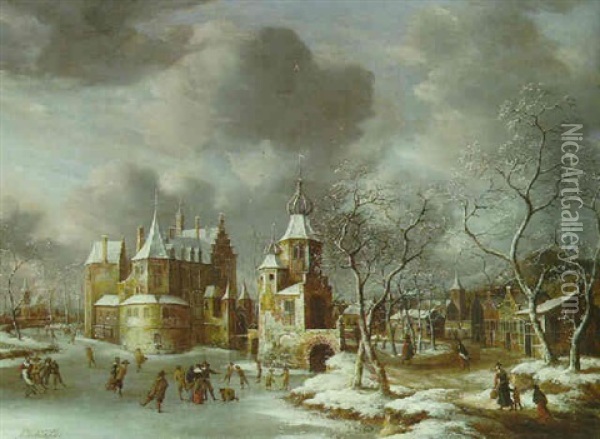 A View Of (poelgeest Castle?) In Winter With Figures Skating On A Frozen River Oil Painting - Jan Abrahamsz. Beerstraten