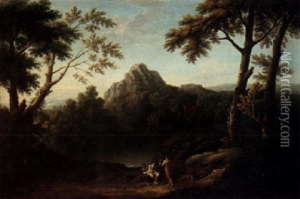 A Classical Landscape In The Roman Campagna With Figures Sitting By A Pool Oil Painting - Giovanni Battista Busiri