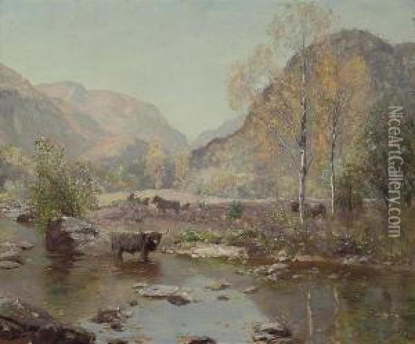 Autumn Gently Tints The Glen Oil Painting - David Murray