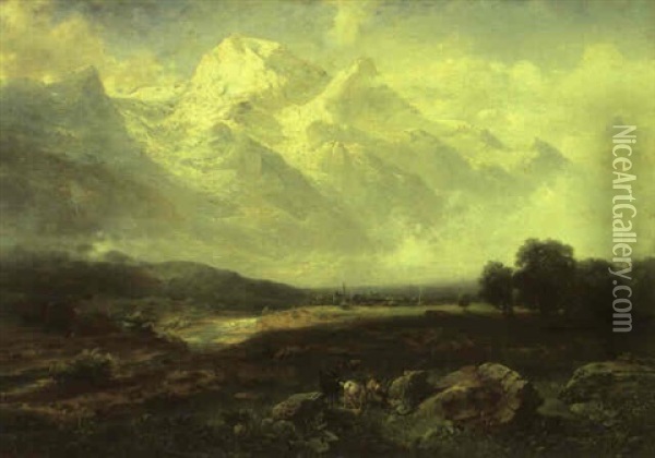 Landskab Med Geder I En Dalsaenkning Naer En By Oil Painting - Adolf Obermuellner