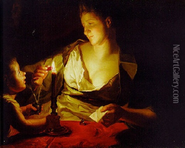 A Woman Sealing A Letter By Candlelight, Assisted By A Child Oil Painting - Jean-Baptiste Santerre