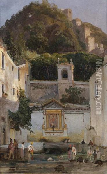 Un Lavoir Dans Un Village Fortifie En Italie Oil Painting - Giacinto Gigante