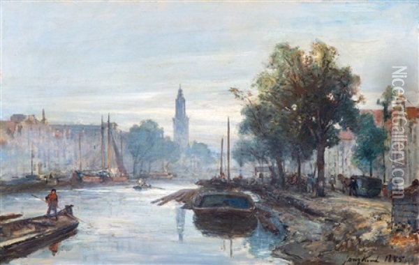 View On The Oude Schans With The Montelbaanstower In Amsterdam Oil Painting - Johan Barthold Jongkind