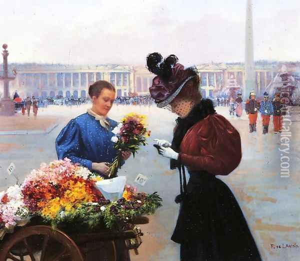 Flower Merchant, Place de la Concorde, Paris Oil Painting - Fernand de Launay