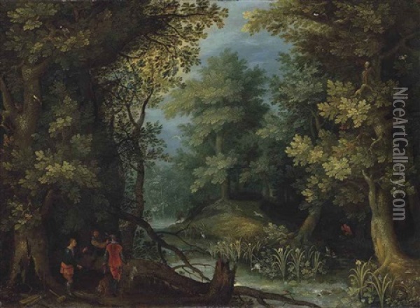 Hunters With Hounds By A Stream In A Wooded Landscape Oil Painting - Jan Brueghel the Elder