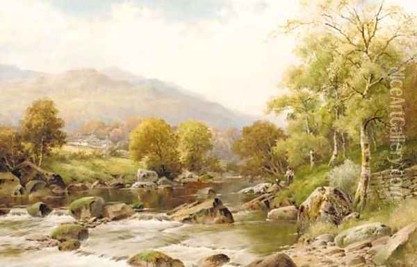 Boys fishing on the Lledr Oil Painting - William Henry Mander