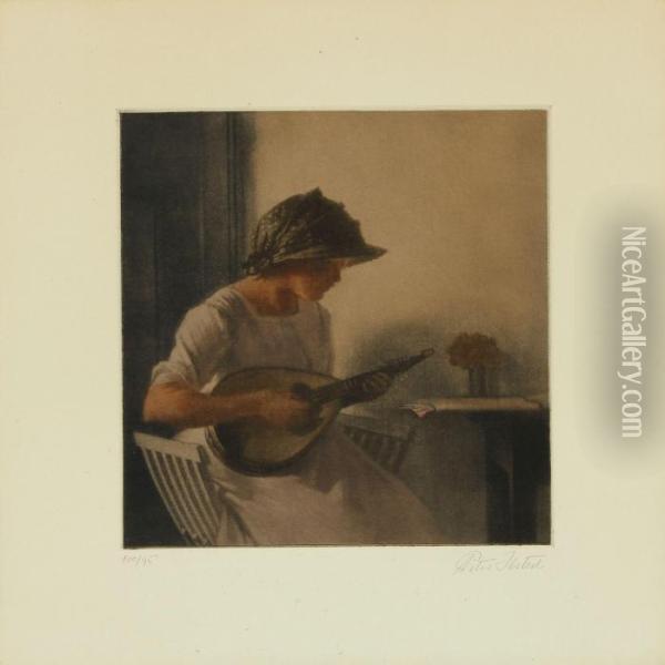 Playing The Mandolin Oil Painting - Peder Vilhelm Ilsted