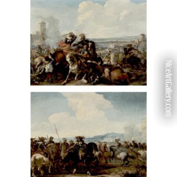 Cavalry Engagement (+ Another, Similar; Pair) Oil Painting - Jacques Courtois