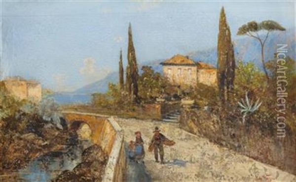 Villa An Oberitalienischem See Mit Brucke Und Personenstaffage Oil Painting - Georg Fischhof
