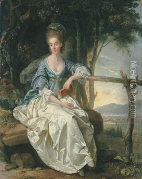 Portrait Of Miss Matilda 
Clevland, Small Full-length, Seated, In Ablue And White Dress, Holding A
 Red Book In Her Left Hand, In Atuscan Landscape Oil Painting - Johann Zoffany