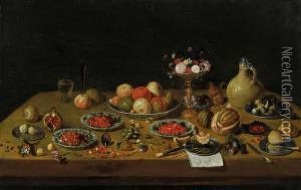 Fruchtestillleben Mitblumen-tazza, Eichhornchen Und Steinkrug Oil Painting - Jan van Kessel