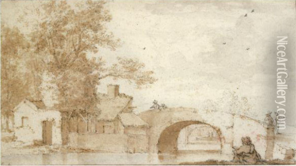 A Bridge Over A Canal, With A Draughtsman Seated In The Foregroundand Cottages On The Opposite Bank Oil Painting - Johannes Episcopius