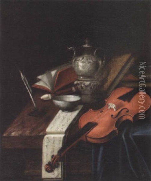A Violin, Musical Manuscript, Recorder, Books, An Inkwell And Quill Pen, And A Silver Teapot On A Partially Draped Table Oil Painting - Edward Collier