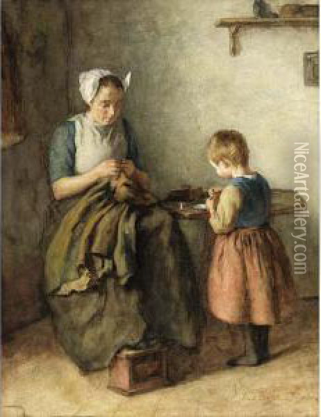 A Mother With A Child In An Interior Oil Painting - Lammert Van Der Tonge