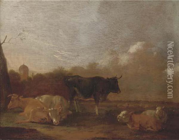 Cattle Resting In A Landscape Oil Painting - Adrian Van De Velde