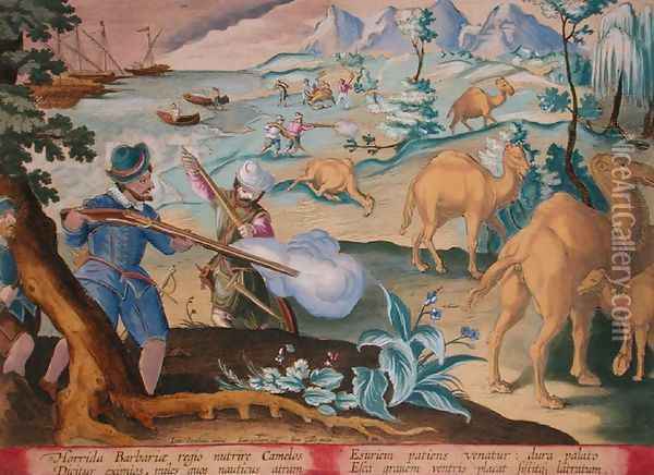 Sailors in a Horrid Barbarian Country Kill Camels with Muskets to Relieve their Hunger, plate 28 Venationes Ferarum, Avium, Piscium Of Hunting Wild Beasts, Birds, Fish engraved by Jan Collaert 1566-1628 published by Phillipus Gallaeus of Amsterdam Oil Painting - Giovanni Stradano