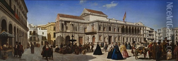 La Place San Francisco Et L'ayuntamiento De Seville Oil Painting - Achille (Jean-Baptiste) Zo