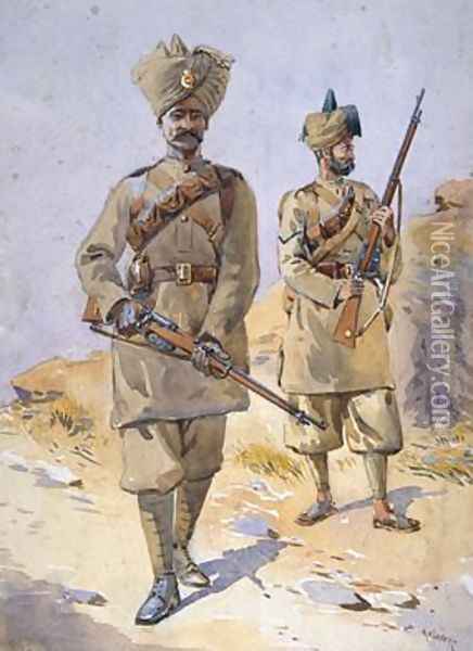 Soldiers of the 30th Punjabis Awan and the 20th Duke of Cambridges Own Infantry Oil Painting - Alfred Crowdy Lovett