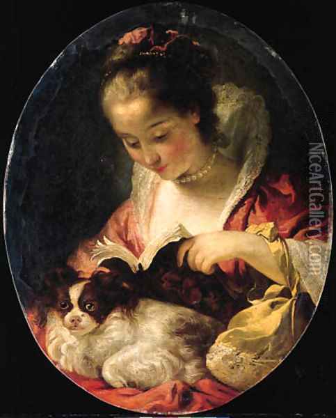 'La Lecture' A young woman reading with a dog on her knees Oil Painting - Gabriel Francois Doyen