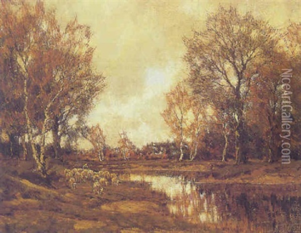 A Flock Of Sheep In An Autumn Landscape Oil Painting - Arnold Marc Gorter