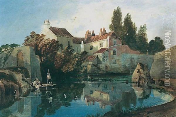 Figures On A Punt On A River, A House Beyond Oil Painting - Thomas Shotter Boys