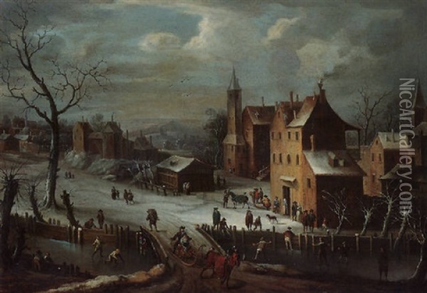 A Winter Scene With Villagers Skating On A Frozen River, A Horse-drawn Sleigh Crossing A Bridge In The Foreground Oil Painting - Jan Peter van Bredael the Elder