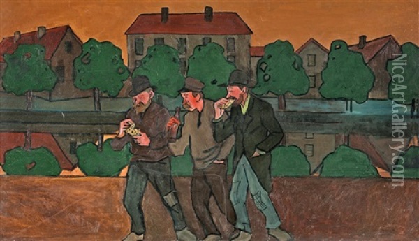 Tre Sjaare Vid Fattighusan, Goteborg (three Wharfies By Fattighusan, Gothenburg) Oil Painting - Ivar Arosenius