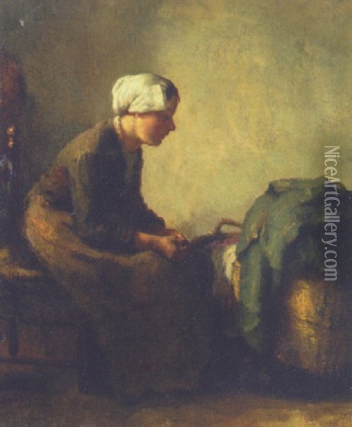 Watching The Baby Sleep Oil Painting - Bernard de Hoog