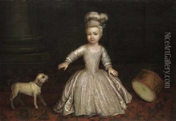 Portrait Of A Young Child In A White Dress With A Dog And Drum Beside A Column, In An Interior Oil Painting - Philip Mercier