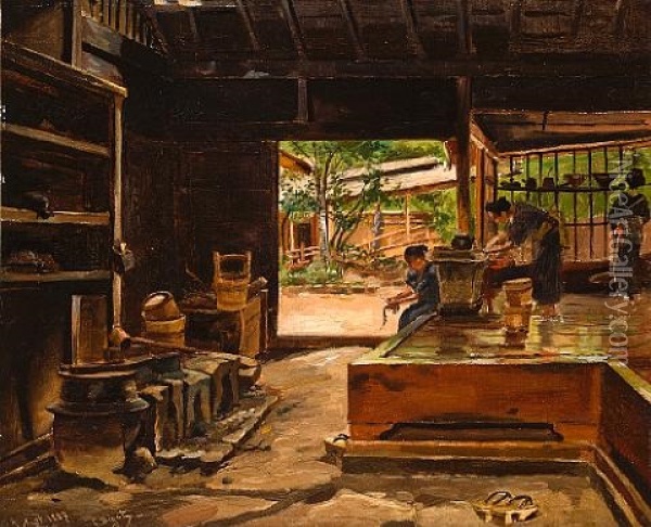 Interior Of A Japanese Kitchen At Kikonya-shisendyi, Idzu Province, Japan Oil Painting - Georges Ferdinand Bigot