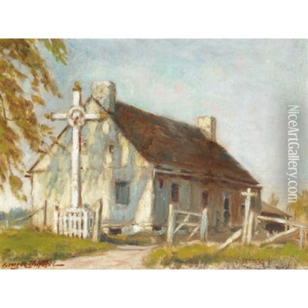 Wayside Cross By A Rural Home Oil Painting - Georges Marie-Joseph Delfosse